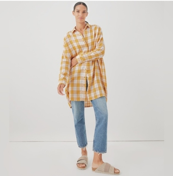 Pact Tops - PACT Mustard Yellow Gingham Coastal Double Gauze Oversized Button Up Tunic ML